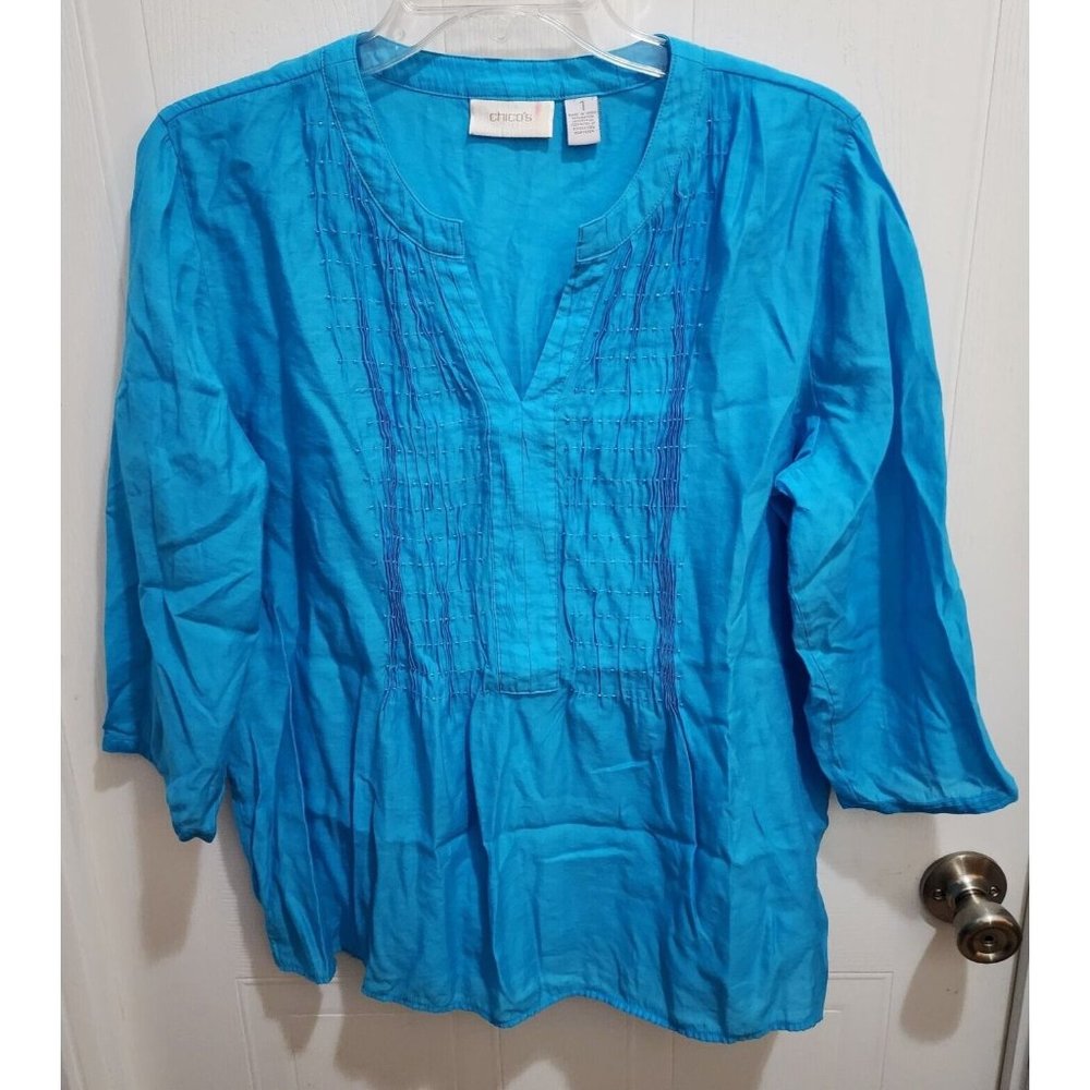 Chico's Women's 3/4 Sleeve V Neck Tunic Top Beaded Solid‎ Bright Blue Size 1 (M)